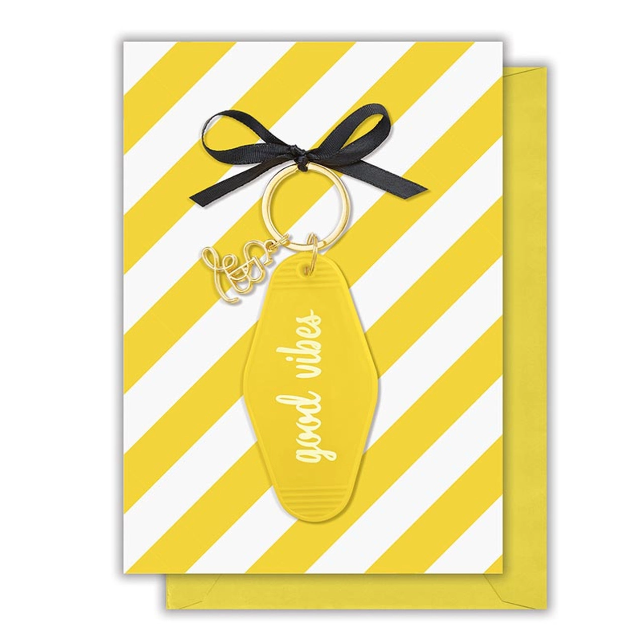 Colorful Good Vibes Motel Style Keychain with a birthday card, featuring vibrant design and positive message.