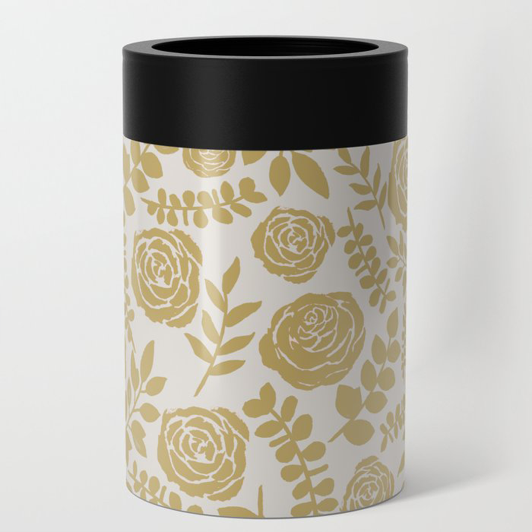 Gold Floral Can Cooler featuring a beautiful floral design, made of stainless steel, perfect for keeping drinks cold.