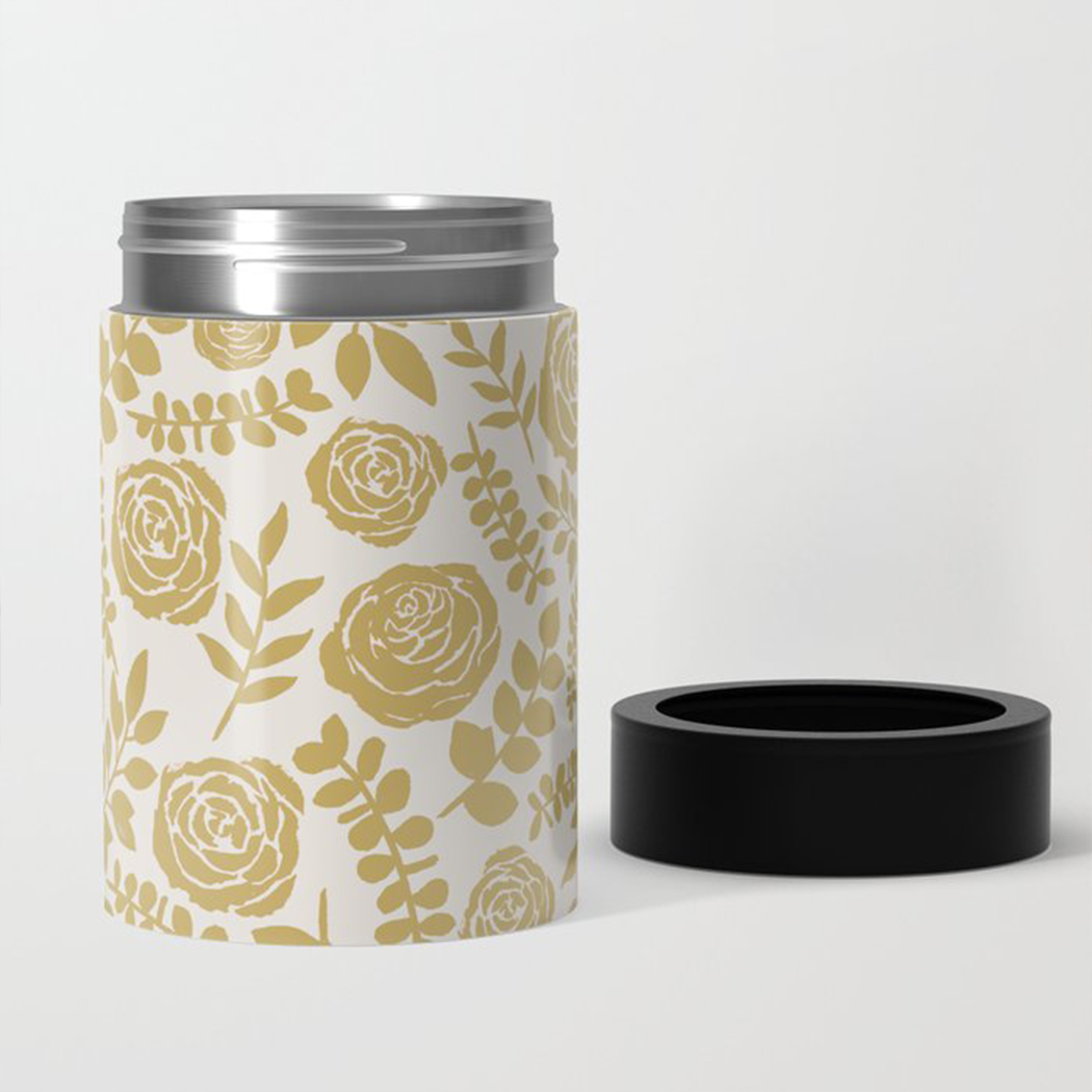 Gold Floral Can Cooler featuring a beautiful floral design, made of stainless steel, perfect for keeping drinks cold.