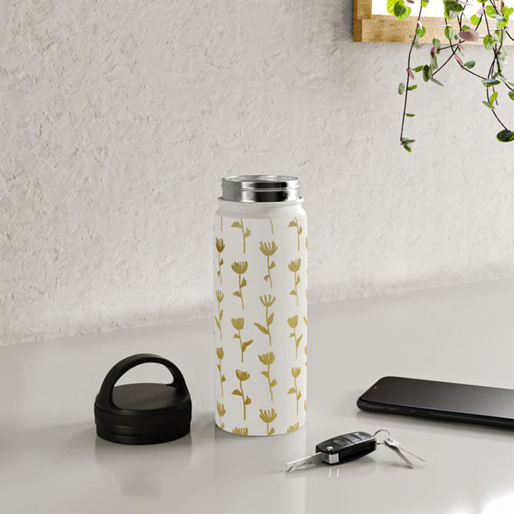 Gold Ink Flower Handle Lid Water Bottle with a stylish floral design and durable stainless steel construction.