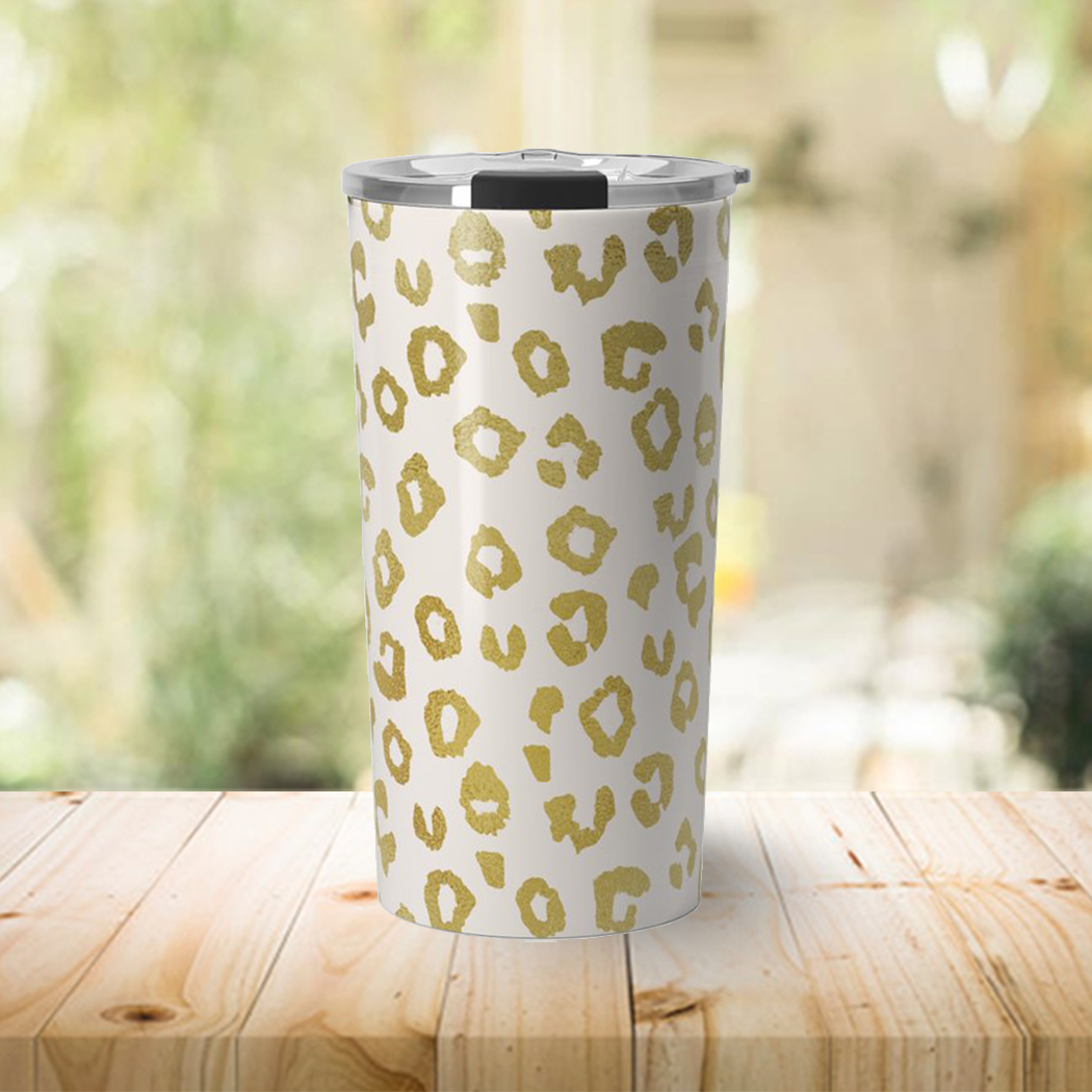 Gold Leopard Print Travel Coffee Mug with double-wall insulation and vacuum sealed lid, perfect for hot or cold beverages.