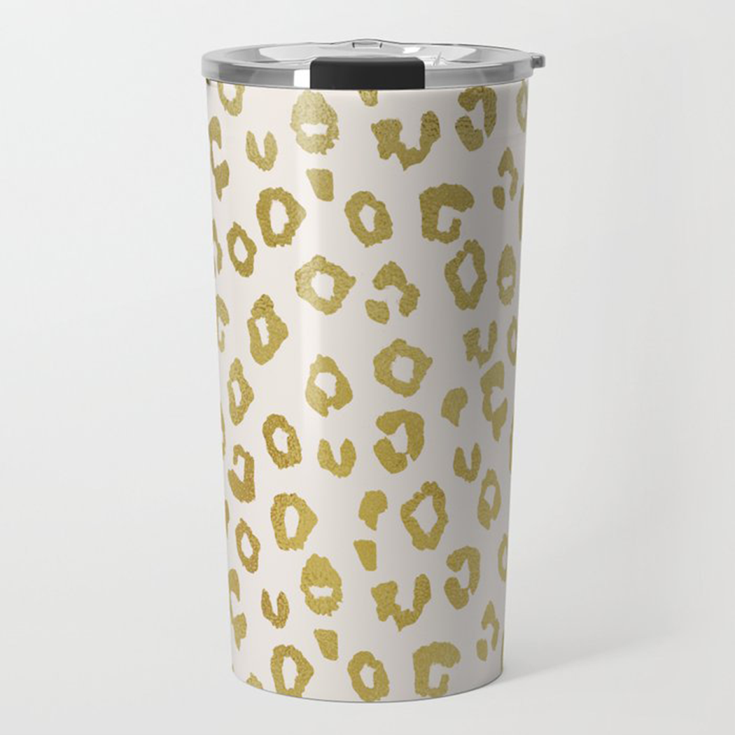 Gold Leopard Print Travel Coffee Mug with double-wall insulation and vacuum sealed lid, perfect for hot or cold beverages.