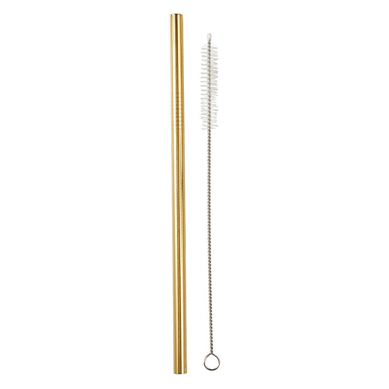 Gold stainless steel straw and brush set in a linen drawstring bag, showcasing eco-friendly design and elegant finish.