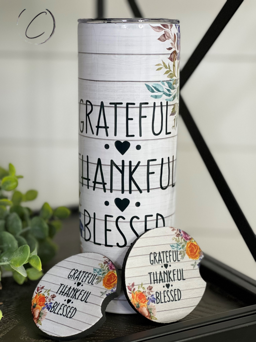 Grateful, Thankful, Blessed 20oz skinny tumbler with matching coaster set, showcasing a vibrant design.