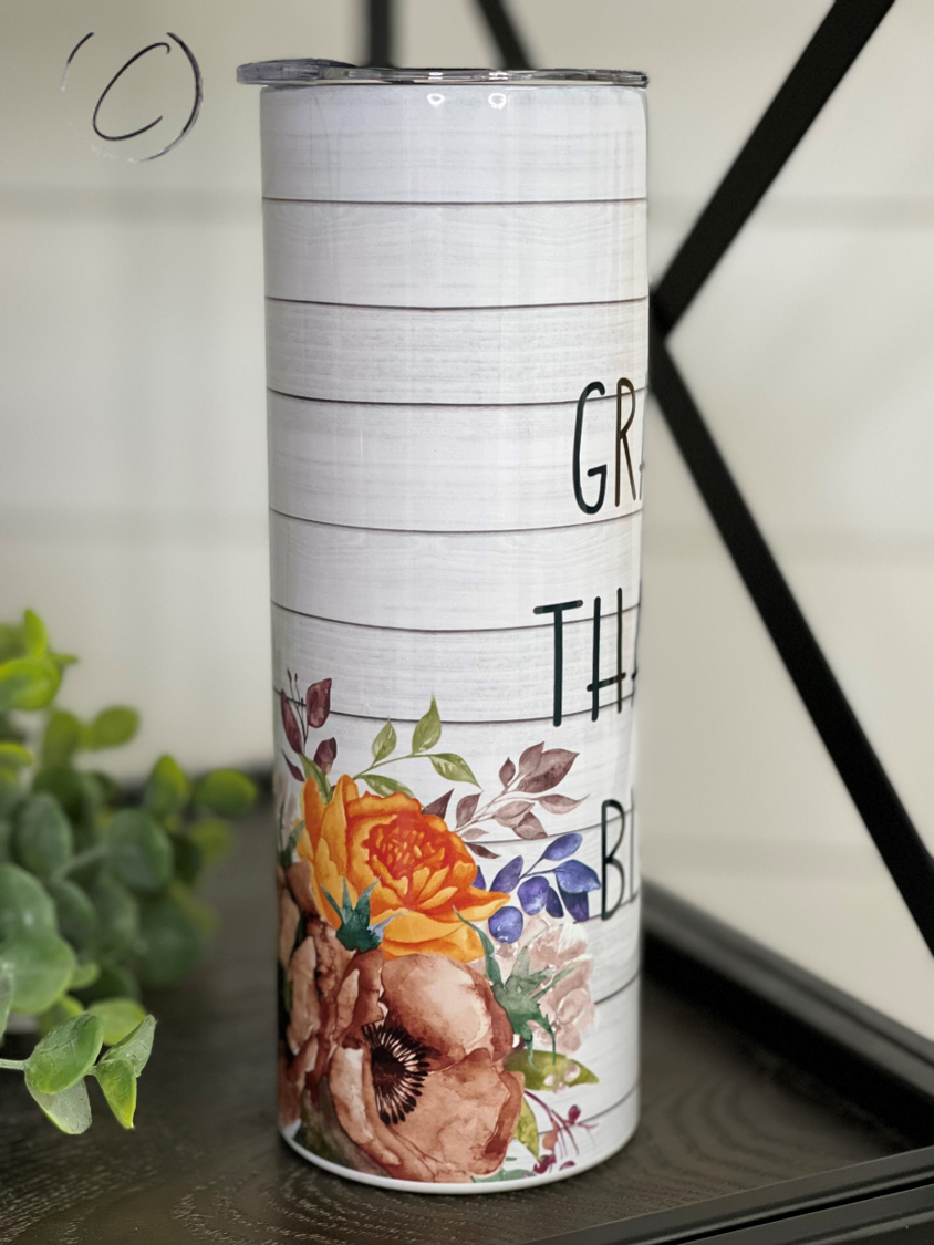 Grateful, Thankful, Blessed 20oz skinny tumbler with matching coaster set, showcasing a vibrant design.