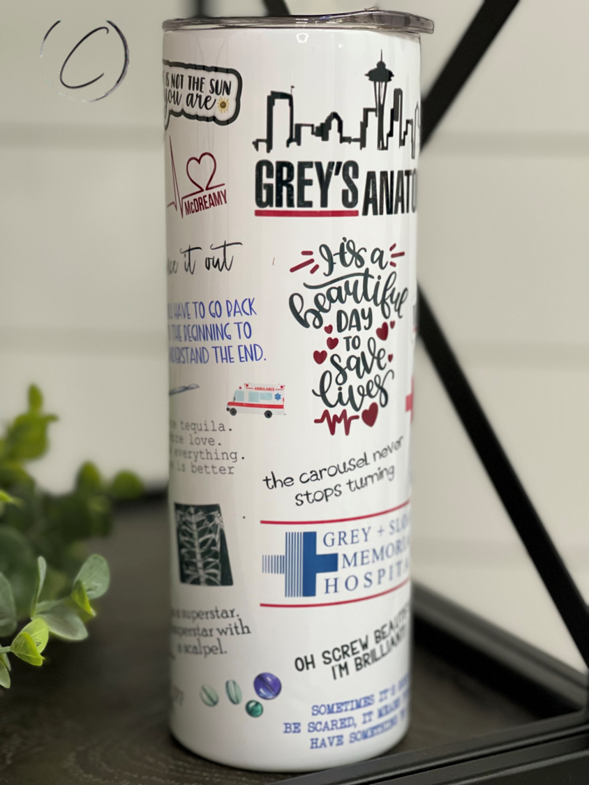 Grey's Anatomy 20oz Skinny Tumbler with integrated design, reusable straw, and sleek silhouette.