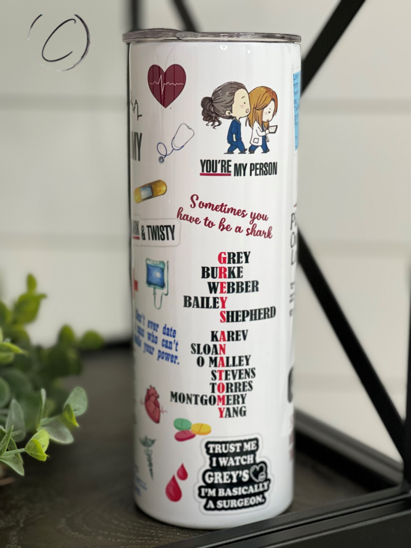 Grey's Anatomy 20oz Skinny Tumbler with integrated design, reusable straw, and sleek silhouette.