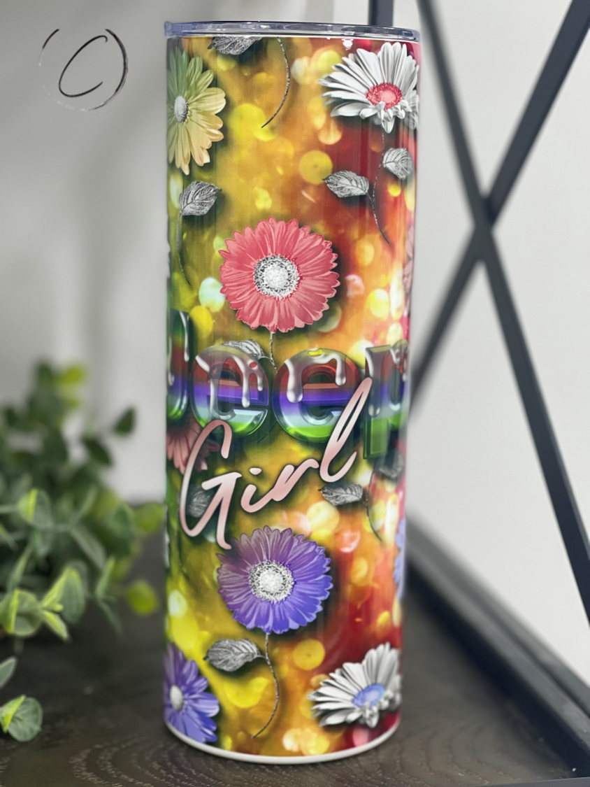 Groovy Jeep Girl 20oz Skinny Tumbler with vibrant design and reusable straw, perfect for outdoor adventures.