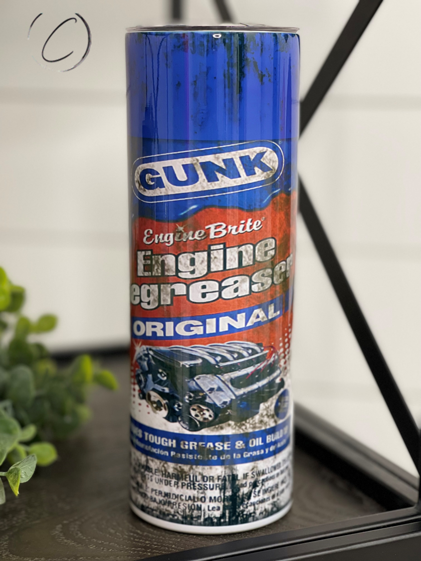 Gunk Engine Degreaser 20oz Skinny Tumbler with a unique design, reusable straw, and insulated features.