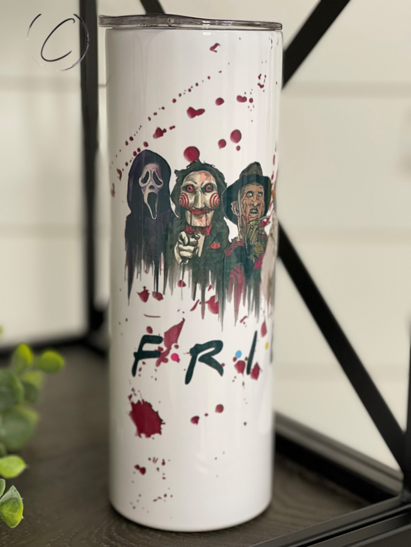 Halloween F*R*I*E*N*D*S 20oz Skinny Tumbler with vibrant design and reusable straw.