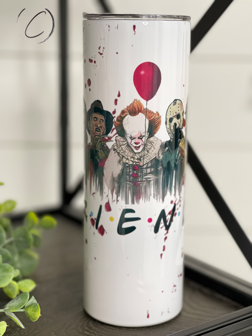 Halloween F*R*I*E*N*D*S 20oz Skinny Tumbler with vibrant design and reusable straw.