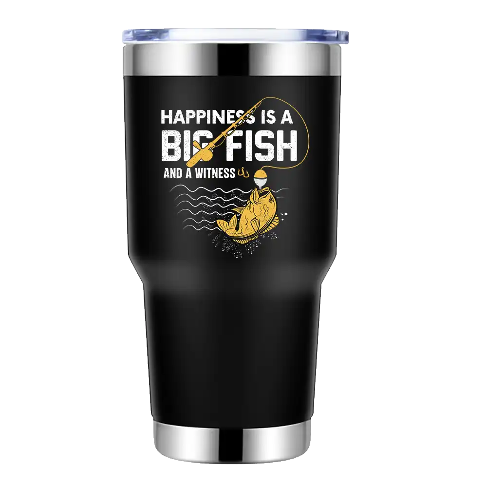 Happiness Is A Big Fish 30oz Insulated Vacuum Sealed Tumbler with vibrant UV-printed design, showcasing its stainless steel construction and splash-proof lid.