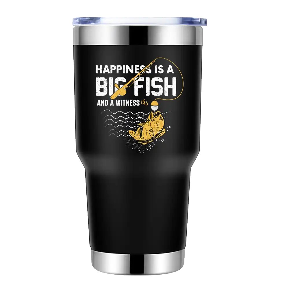 Happiness Is A Big Fish 30oz Insulated Vacuum Sealed Tumbler with vibrant UV-printed design, showcasing its stainless steel construction and splash-proof lid.