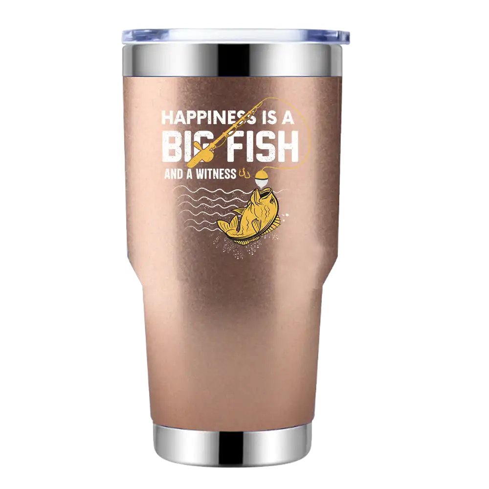 Happiness Is A Big Fish 30oz Insulated Vacuum Sealed Tumbler with vibrant UV-printed design, showcasing its stainless steel construction and splash-proof lid.