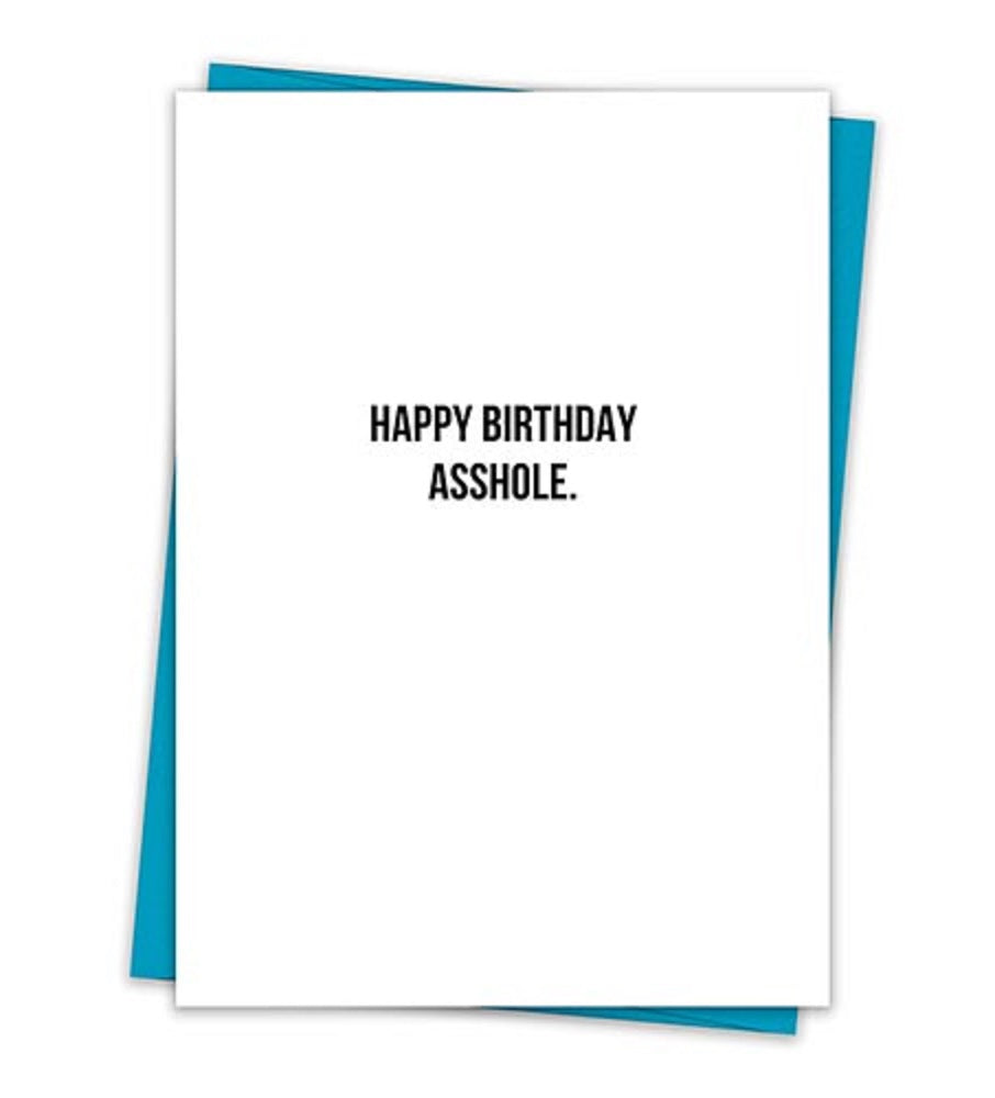 Happy Birthday Asshole greeting card with teal envelope, featuring bold text and minimalist design.