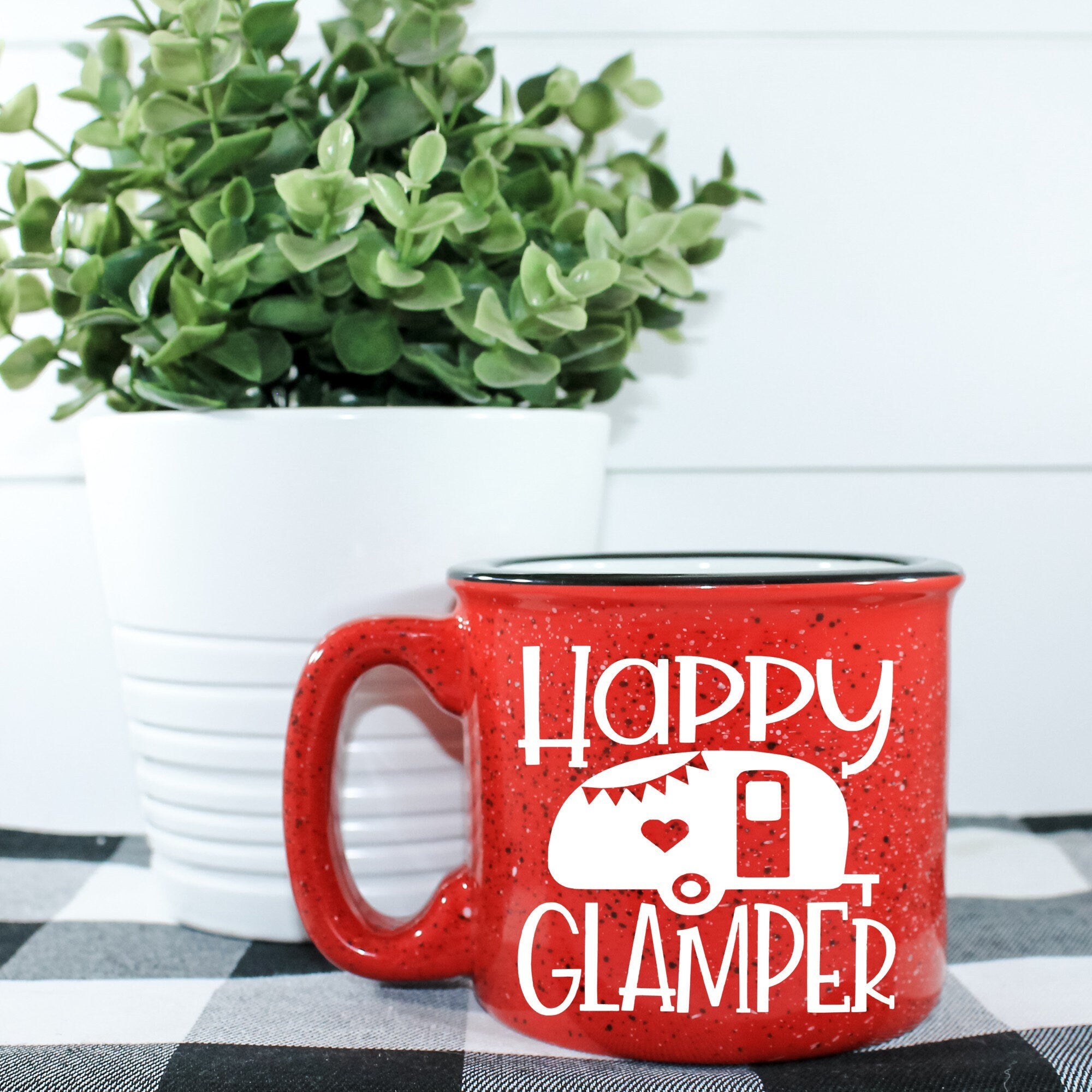 Happy Glamper Campfire Mug with outdoor vinyl design, perfect for camping and outdoor use.