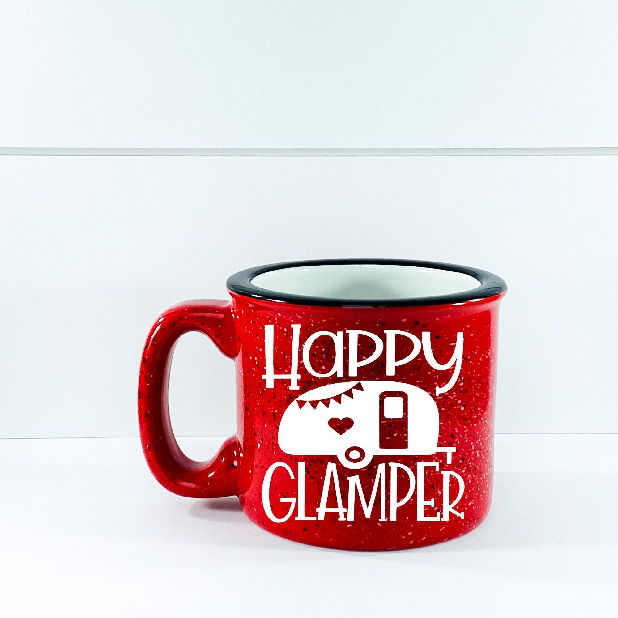 Happy Glamper Campfire Mug with outdoor vinyl design, perfect for camping and outdoor use.