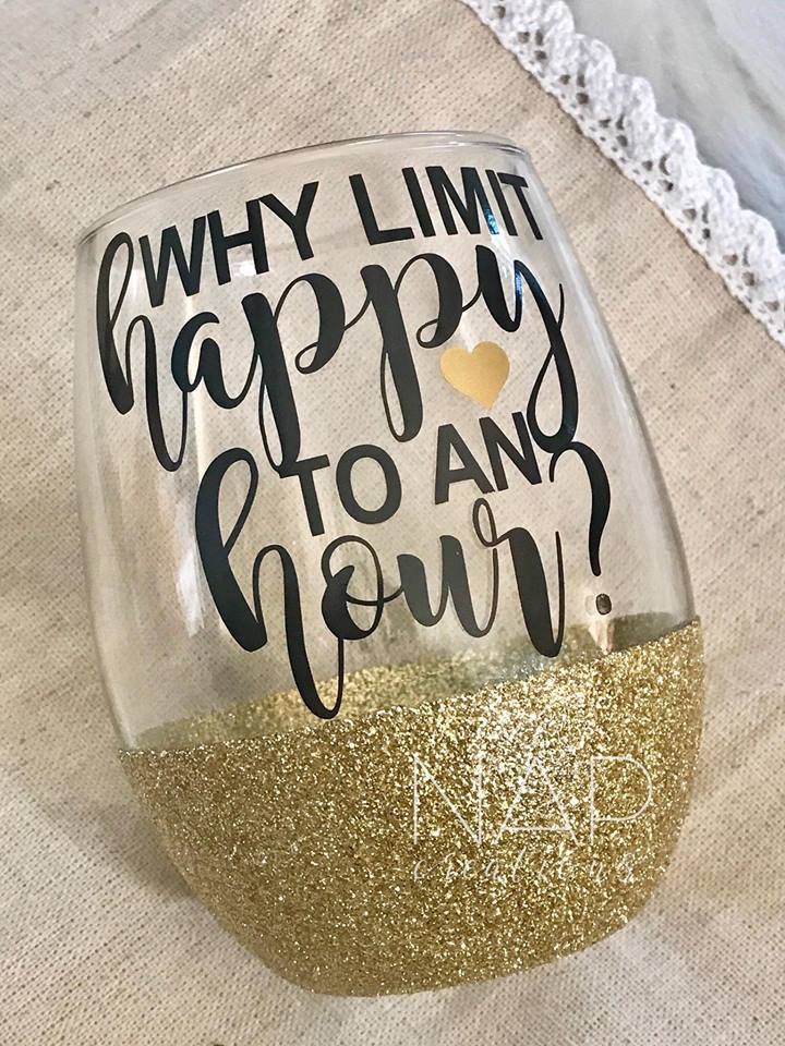 Happy Hour Glitter Wine Glass with vibrant glitter design, stemless, holding 15 fl oz, perfect for celebrations.