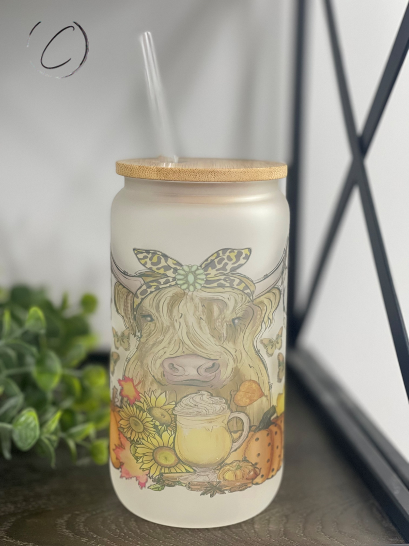 Harvest Highland Cow 16oz Libbey Glass with a unique design, featuring a Highland Cow motif, perfect for beverages.