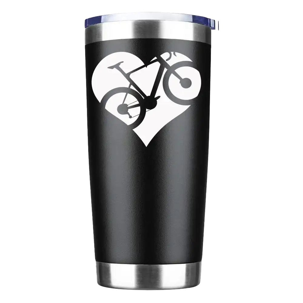 Heart Bike 20oz Insulated Vacuum Sealed Tumbler in vibrant colors with a bowling pin shape, showcasing its stainless steel design.