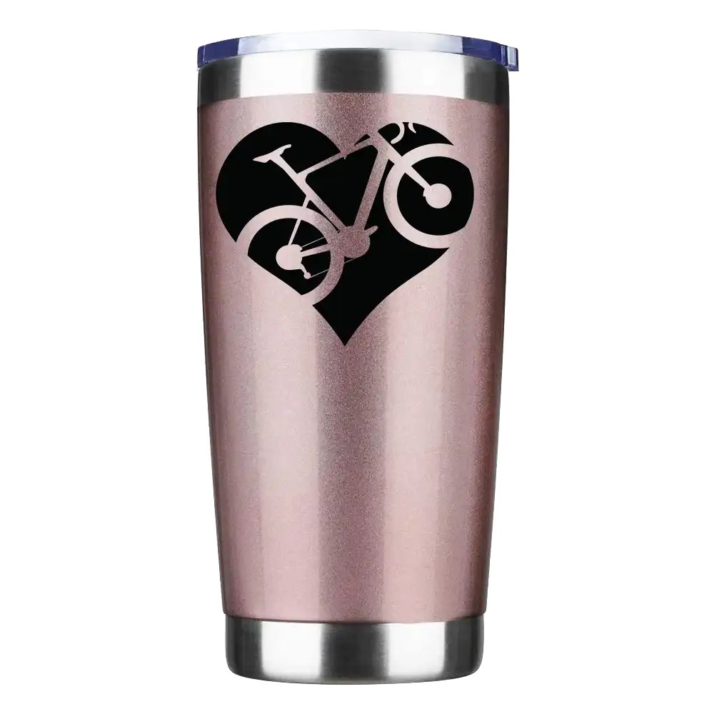 Heart Bike 20oz Insulated Vacuum Sealed Tumbler in vibrant colors with a bowling pin shape, showcasing its stainless steel design.