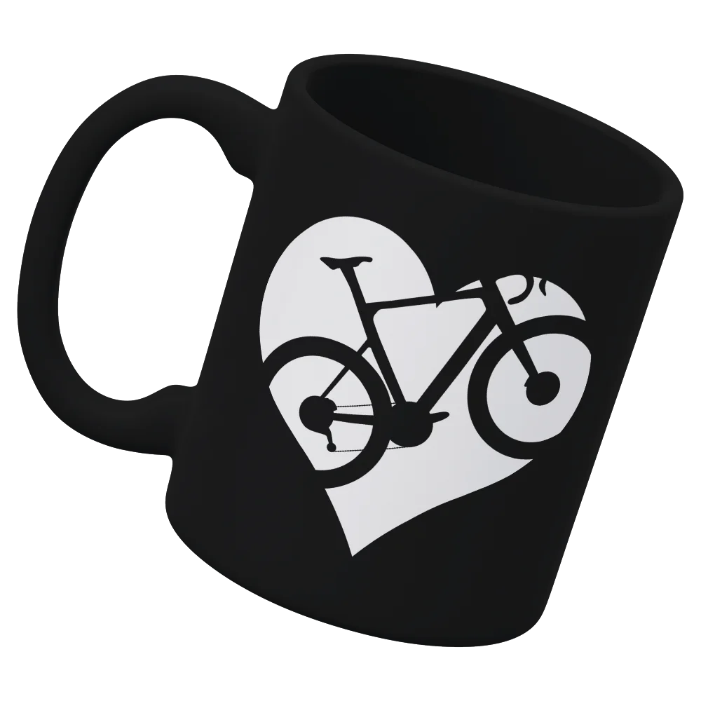 Heart Bike White Coffee Mug featuring a whimsical heart bike design, perfect for coffee lovers.