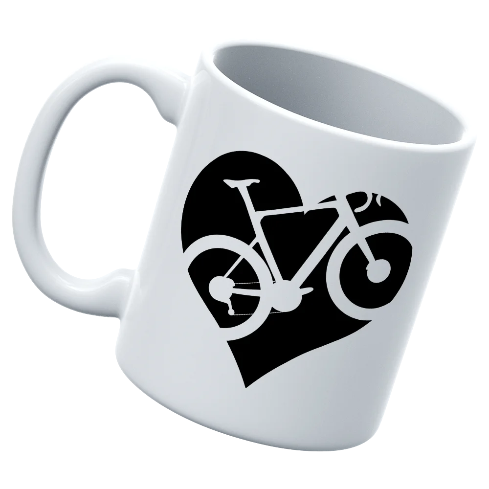 Heart Bike White Coffee Mug featuring a whimsical heart bike design, perfect for coffee lovers.