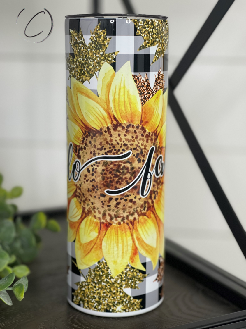 Hello Fall Sunflower 20oz Skinny Tumbler featuring a vibrant sunflower design, perfect for autumn beverages.