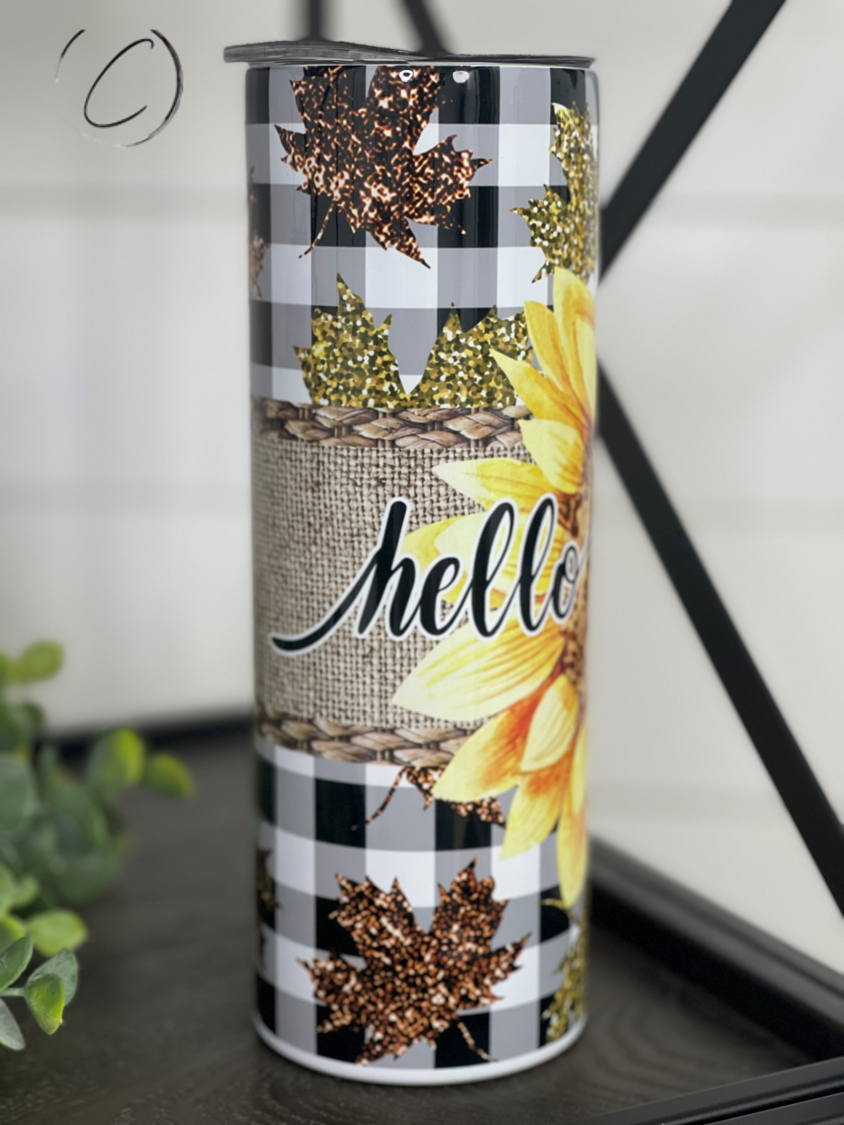 Hello Fall Sunflower 20oz Skinny Tumbler featuring a vibrant sunflower design, perfect for autumn beverages.