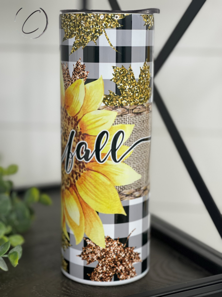 Hello Fall Sunflower 20oz Skinny Tumbler featuring a vibrant sunflower design, perfect for autumn beverages.