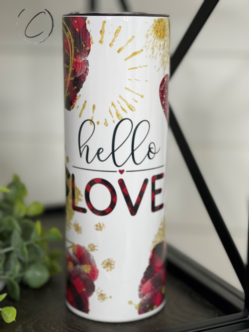 Hello Love 20oz Skinny Tumbler with a vibrant full wrap design, includes a reusable straw.