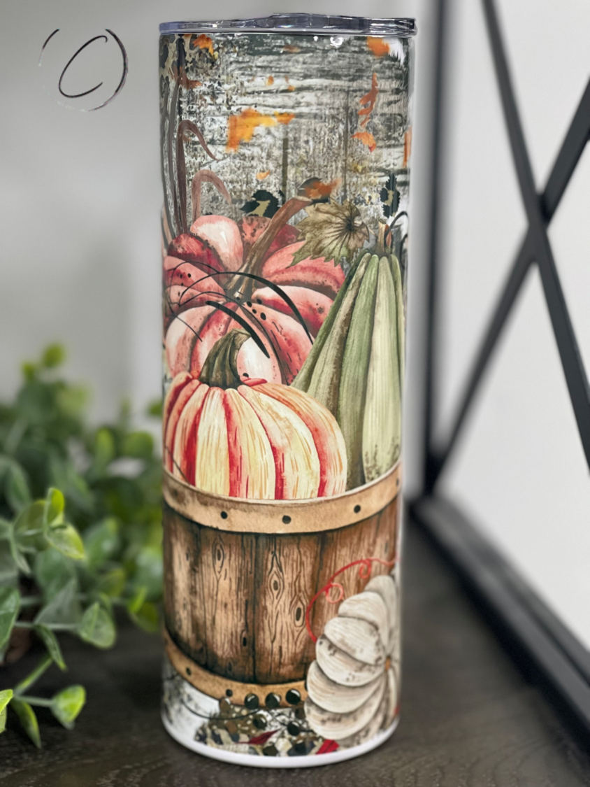 Hello Pumpkin 20oz skinny tumbler featuring a vibrant pumpkin design, perfect for fall beverages.