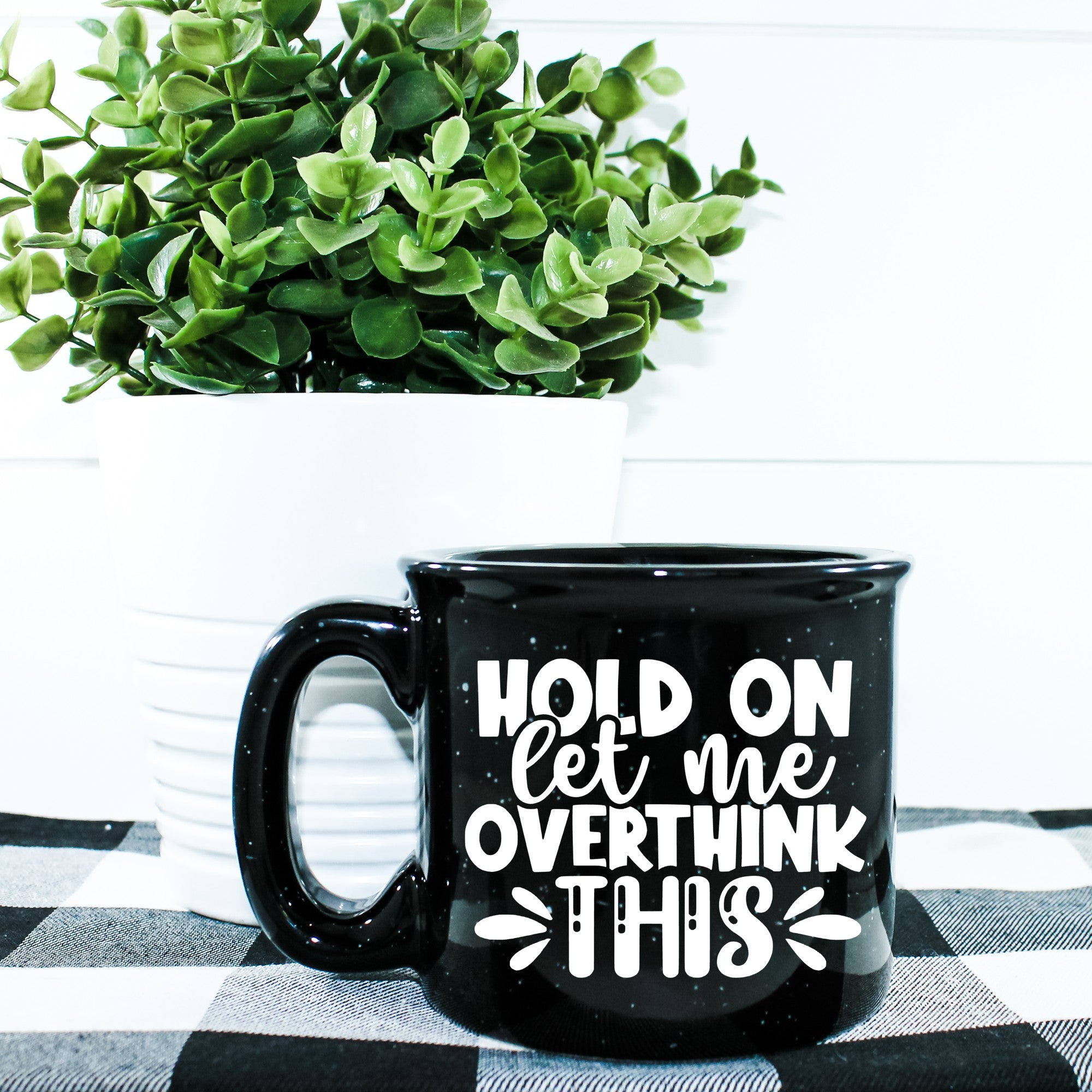 Ceramic campfire mug with 'Hold On Let Me Overthink This' design, perfect for cozy beverages.