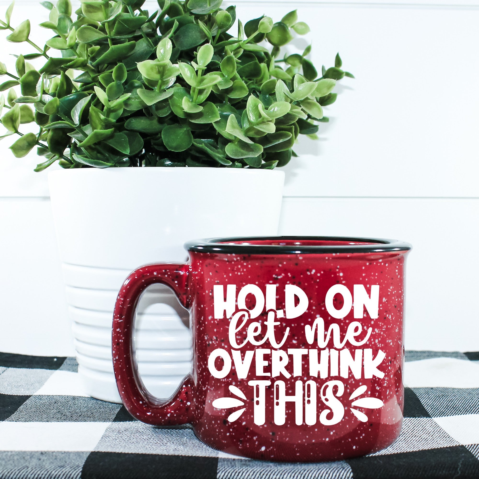 Ceramic campfire mug with 'Hold On Let Me Overthink This' design, perfect for cozy beverages.