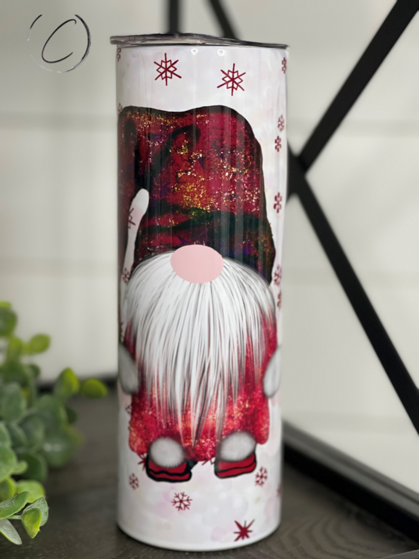 Holiday Snowflake Gnome 20oz Skinny Tumbler featuring a festive gnome design with snowflakes, perfect for winter beverages.