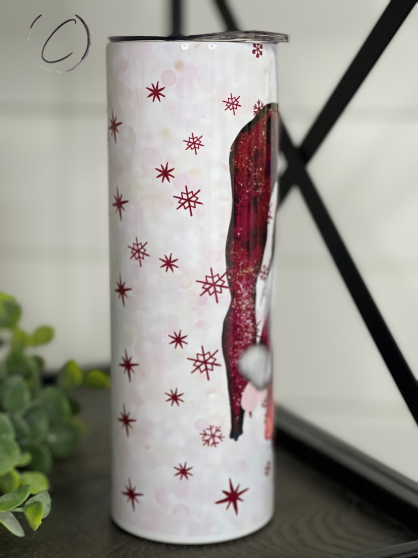 Holiday Snowflake Gnome 20oz Skinny Tumbler featuring a festive gnome design with snowflakes, perfect for winter beverages.