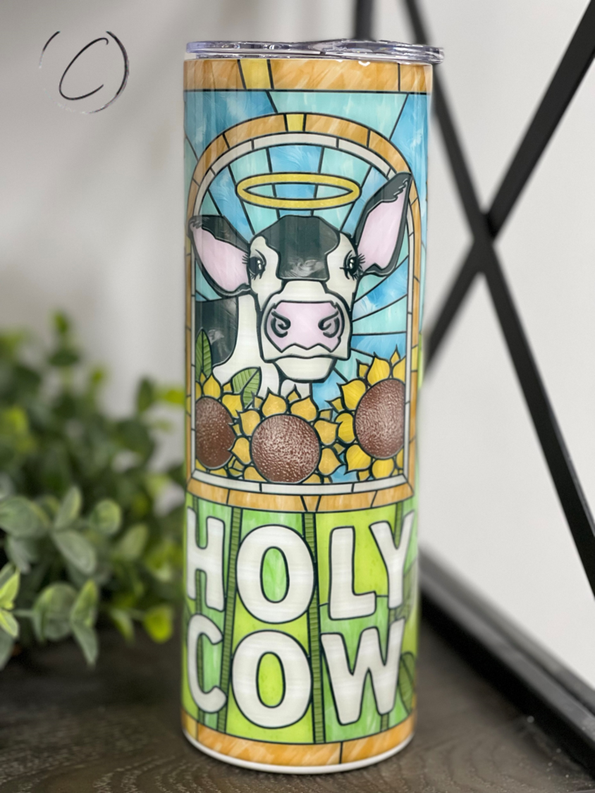 Holy Cow 20oz Skinny Tumbler with a vibrant full wrap design, featuring a reusable straw and durable construction.