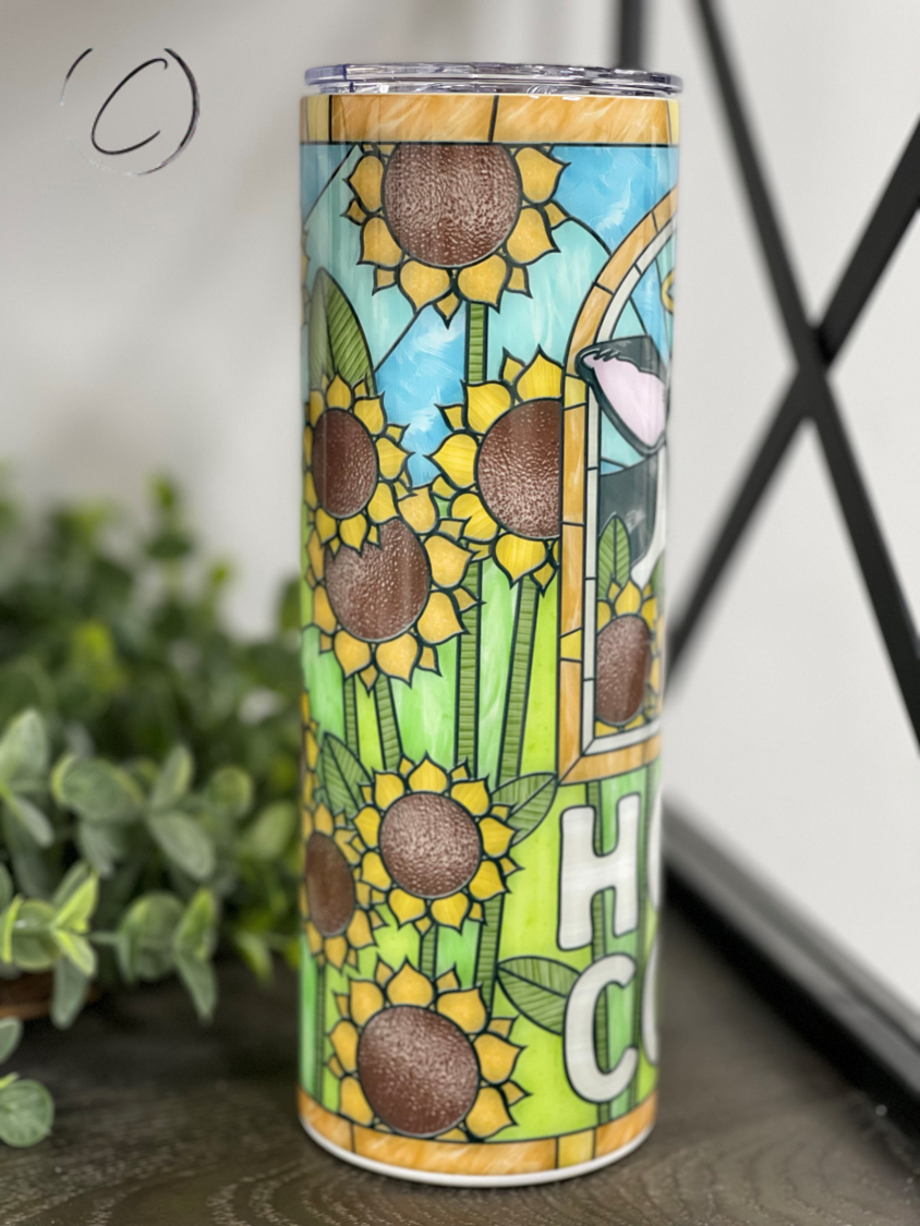 Holy Cow 20oz Skinny Tumbler with a vibrant full wrap design, featuring a reusable straw and durable construction.