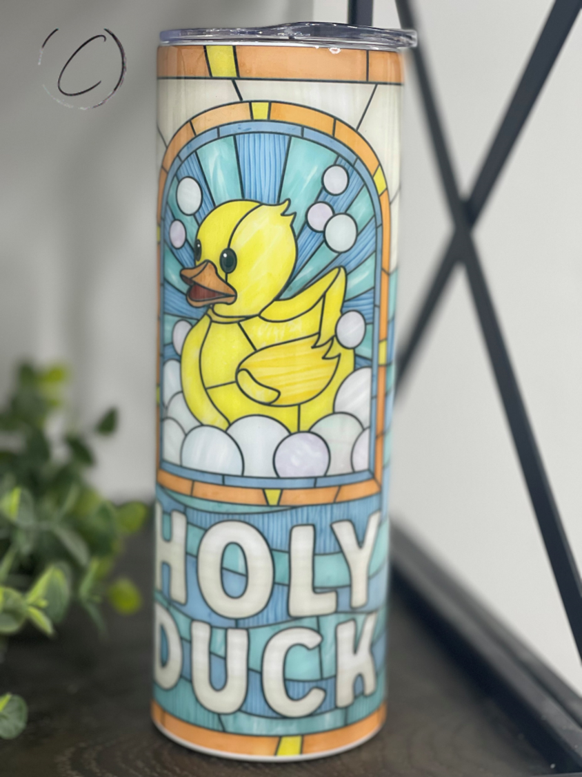 Holy Duck 20oz Skinny Tumbler with vibrant full wrap design and reusable straw.