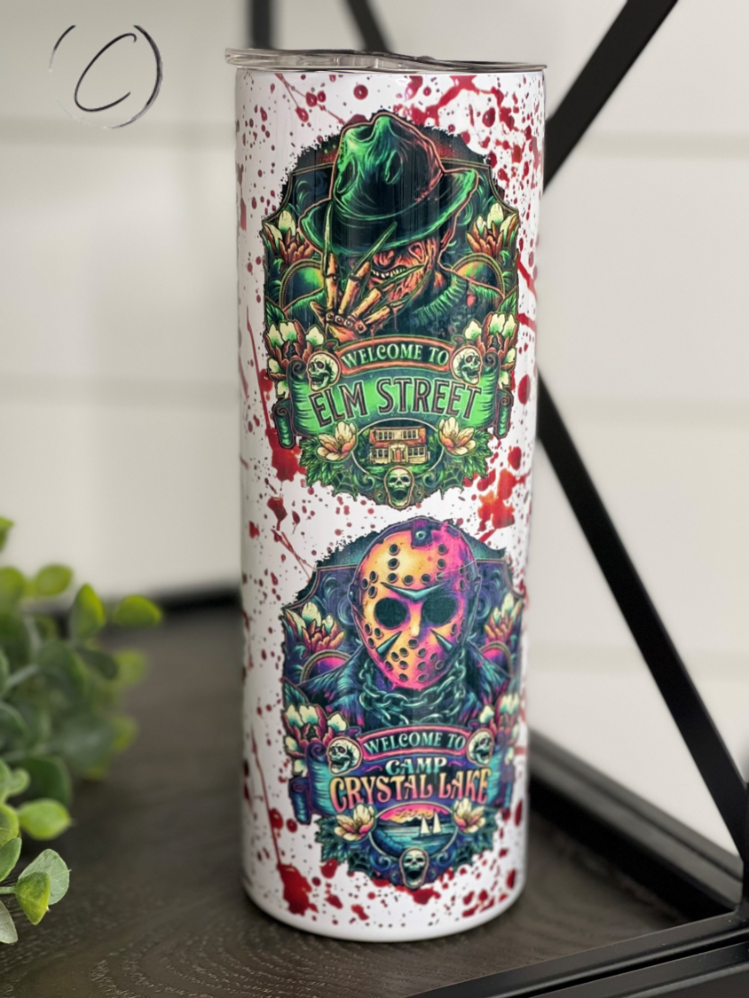 Horror Movie Hauntings 20oz Skinny Tumbler with a unique design featuring horror film graphics, complete with a reusable straw.