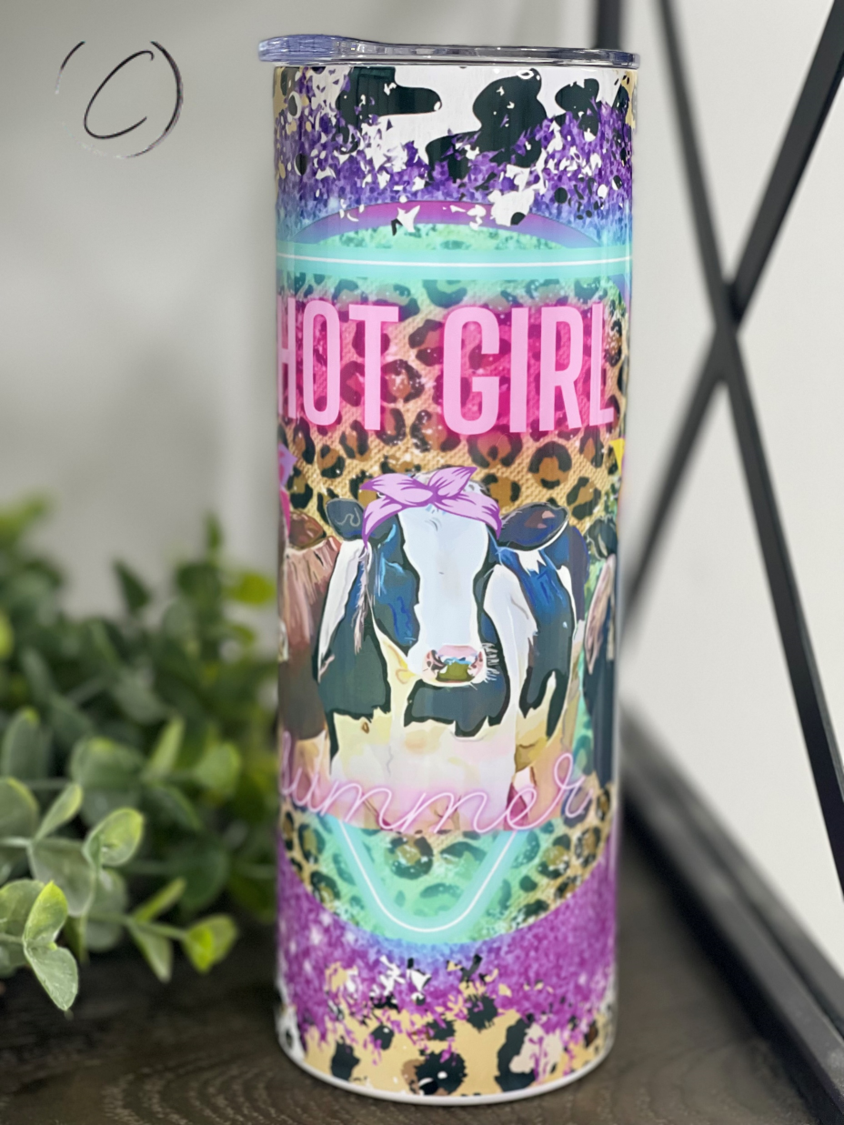 Hot Girl Summer Heifers 20oz Skinny Tumbler with vibrant design and reusable straw, perfect for summer drinks.