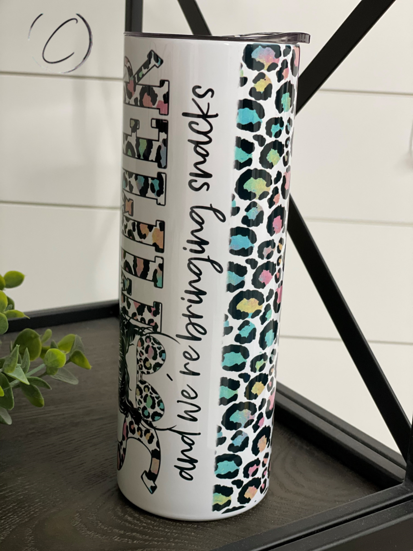 Hot Mom Summer 20oz Skinny Tumbler with vibrant full wrap design, reusable straw included.