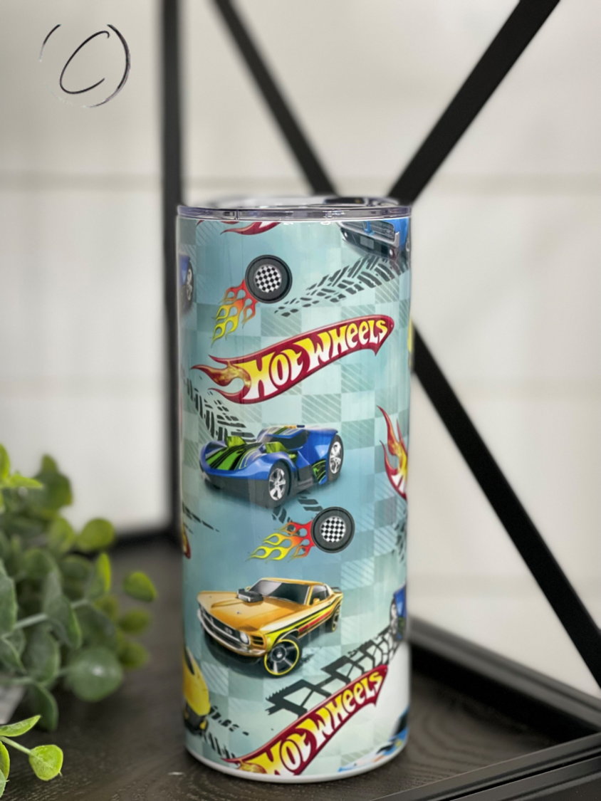 Hot Wheels 15oz Kids Skinny Tumbler with vibrant racing graphics and a reusable straw, perfect for kids.