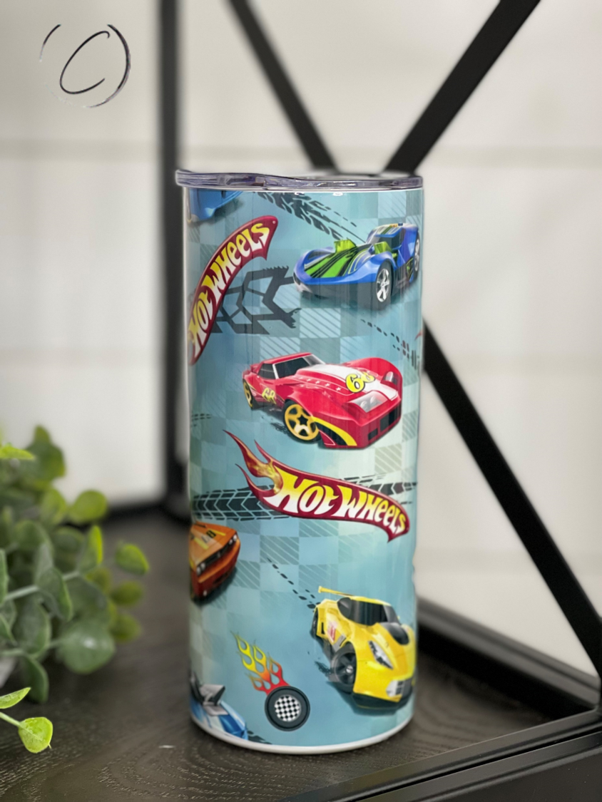 Hot Wheels 15oz Kids Skinny Tumbler with vibrant racing graphics and a reusable straw, perfect for kids.