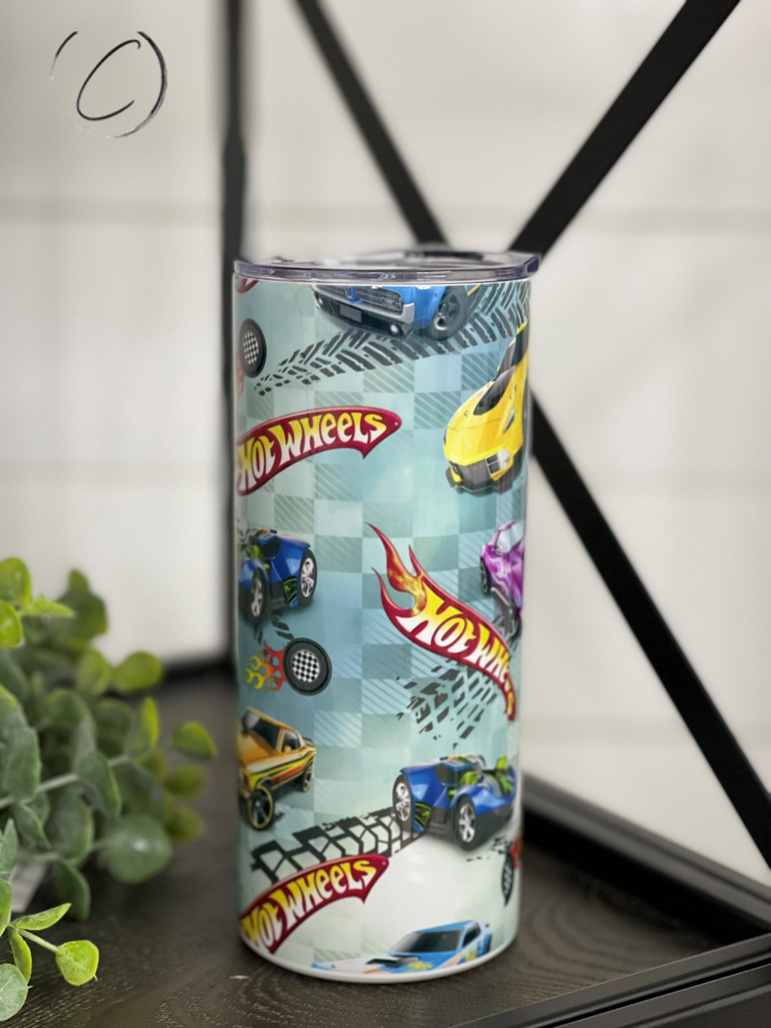 Hot Wheels 15oz Kids Skinny Tumbler with vibrant racing graphics and a reusable straw, perfect for kids.