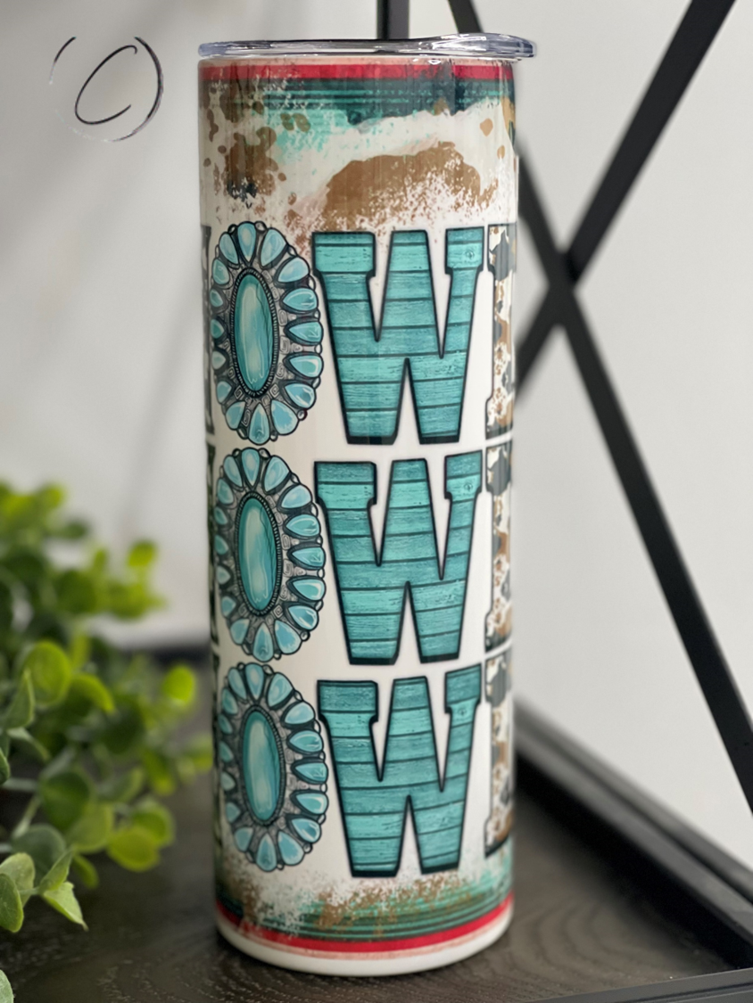 Howdy 20oz Skinny Tumbler featuring a full wrap design, reusable straw, and durable construction for everyday use.