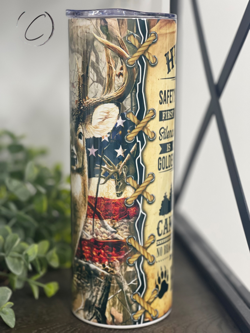 Hunting Rules 20oz Skinny Tumbler featuring a full wrap design with hunting-themed graphics and a reusable straw.