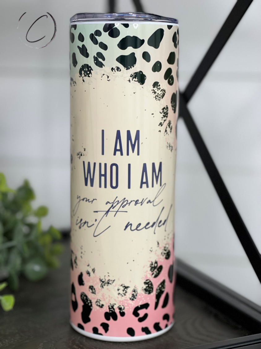 I Am Who I Am 20oz Skinny Tumbler with a vibrant full wrap design, featuring a reusable straw and insulated body.