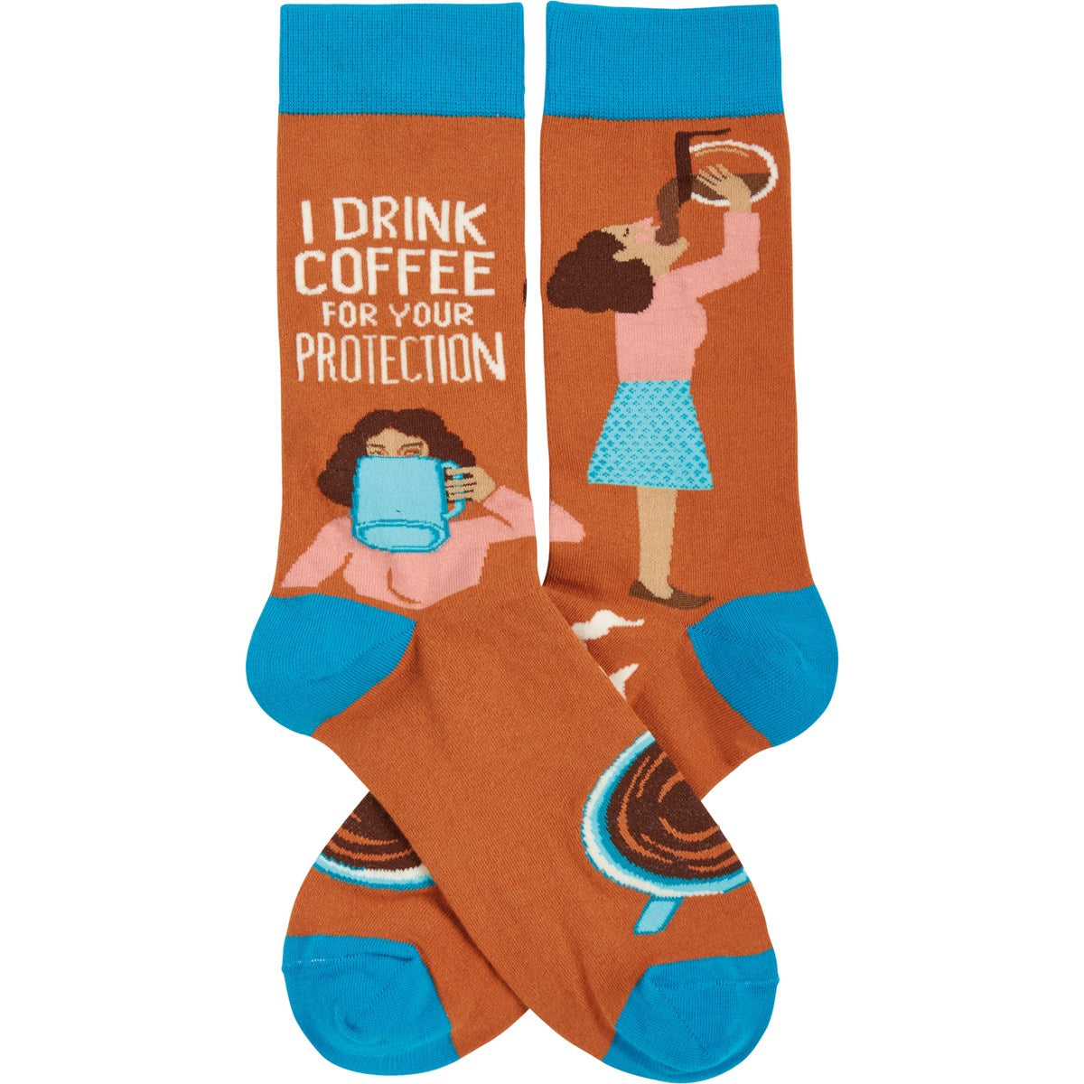 Aqua blue and brown funny socks featuring a hand-illustrated design of a person drinking coffee with the text 'I Drink Coffee For Your Protection'.