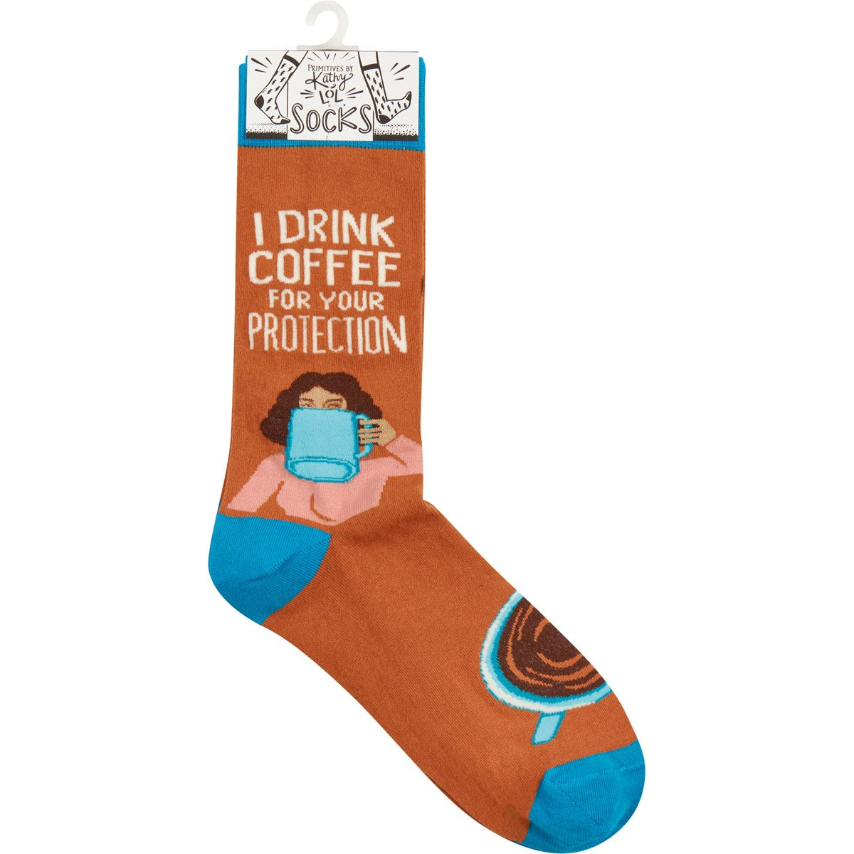 Aqua blue and brown funny socks featuring a hand-illustrated design of a person drinking coffee with the text 'I Drink Coffee For Your Protection'.